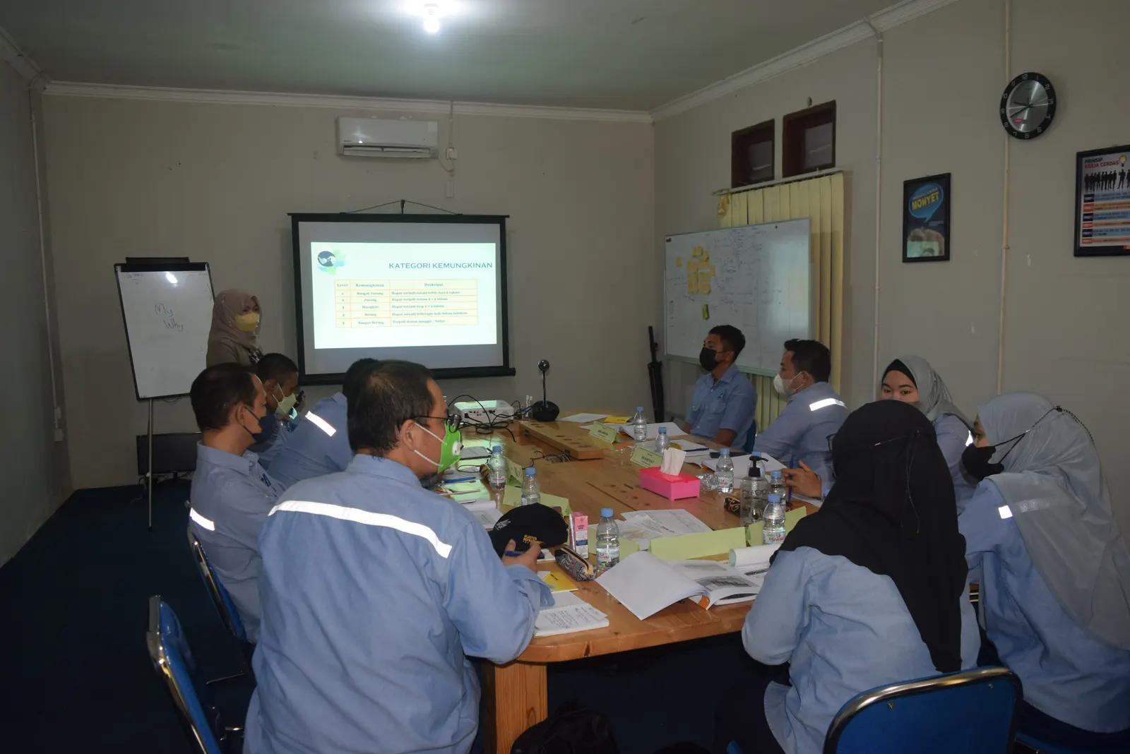 Pelatihan HIRAC dengan presentasi Kategori Kemungkinan di ruang meeting pabrik